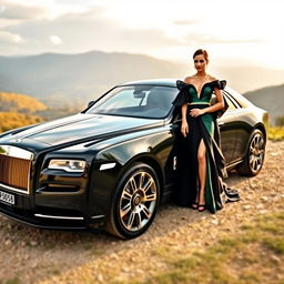 A sophisticated landscape format image featuring a luxurious car parked elegantly on a scenic backdrop