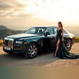 A sophisticated landscape format image featuring a luxurious car parked elegantly on a scenic backdrop