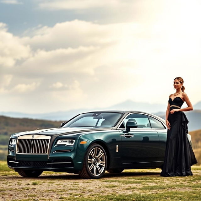 A sophisticated landscape format image featuring a luxurious car parked elegantly on a scenic backdrop