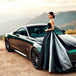 A sophisticated landscape format image featuring a luxurious car parked elegantly on a scenic backdrop