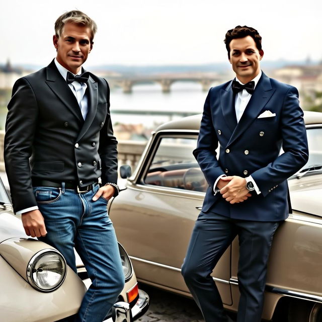 A muscular middle-aged man dressed in full denim, featuring slightly greying blond hair, stands confidently next to a classic Citroen DS