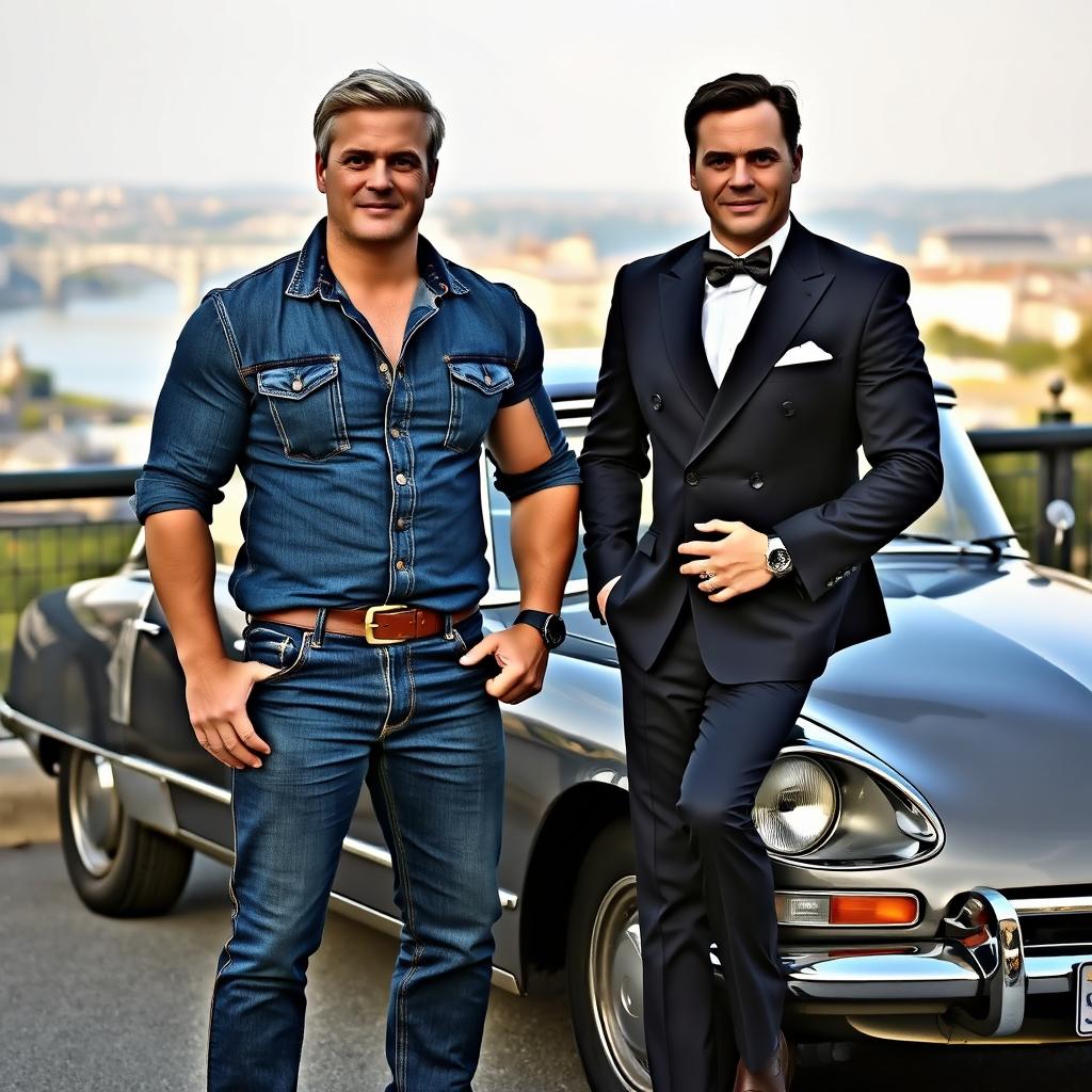 A muscular middle-aged man dressed in full denim, featuring slightly greying blond hair, stands confidently next to a classic Citroen DS