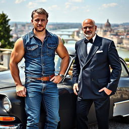 A muscular middle-aged man dressed in full denim, featuring slightly greying blond hair, stands confidently next to a classic Citroen DS