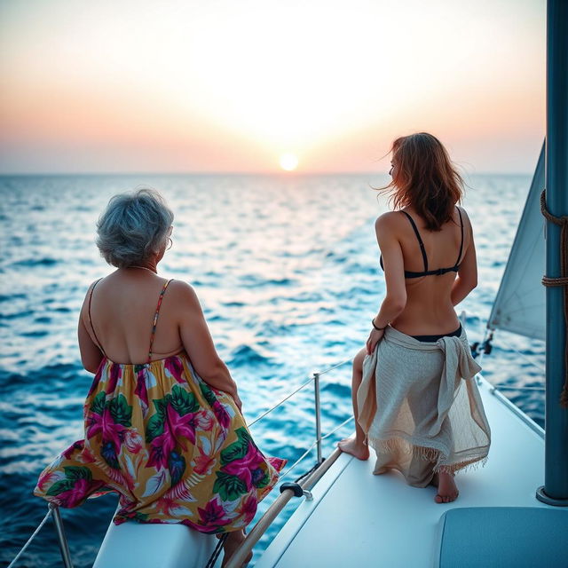 Two women sitting on the edge of a sailboat, viewed from behind as they gaze toward the horizon