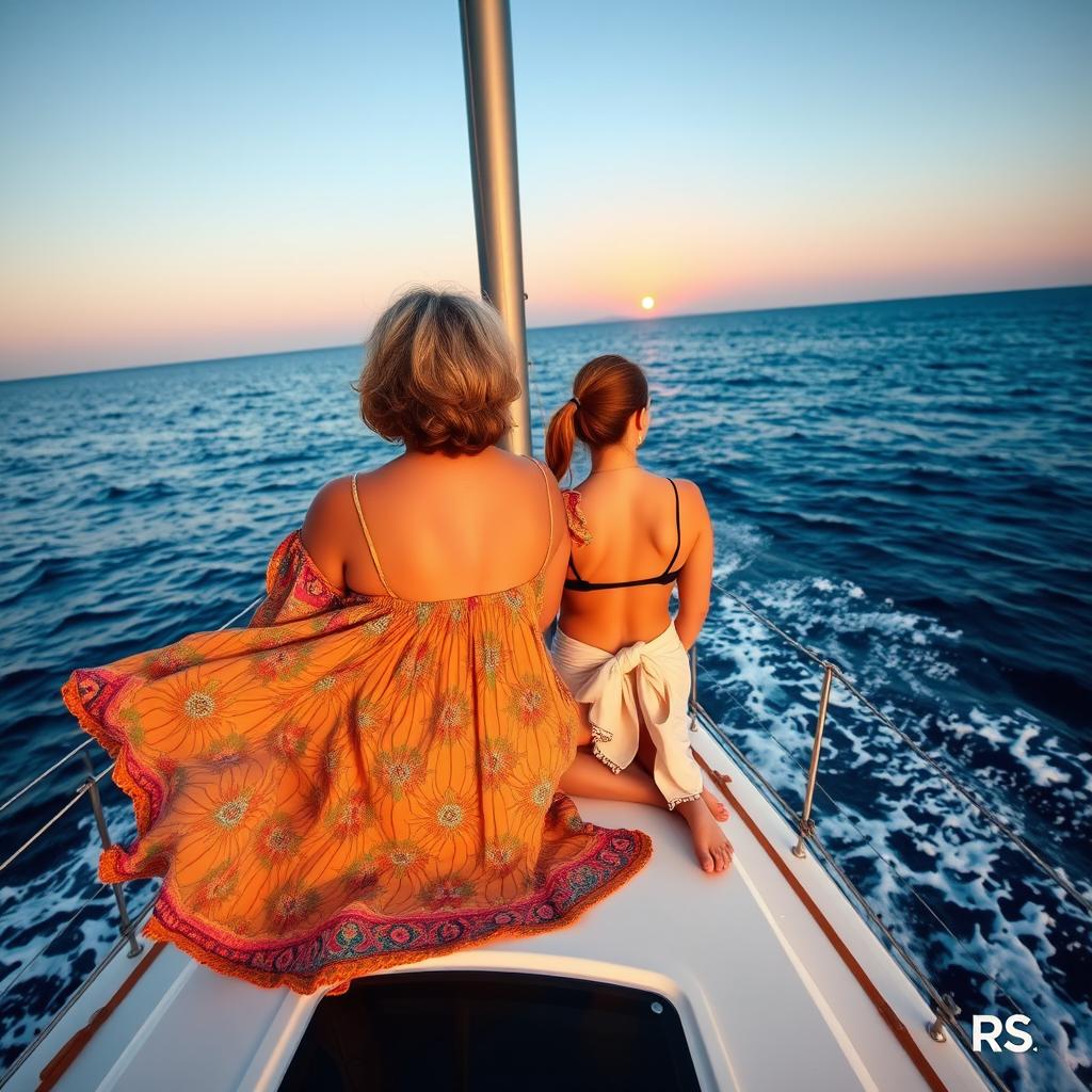 Two women sitting on the edge of a sailboat, viewed from behind as they gaze toward the horizon