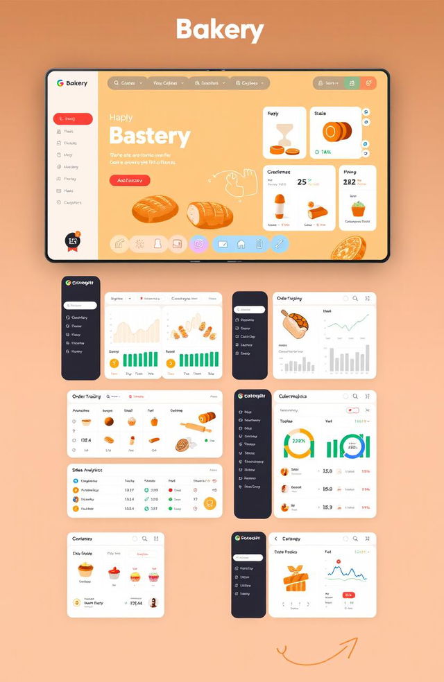 A detailed and modern bakery management system interface, featuring various sections such as inventory management, order tracking, sales analytics, and customer database