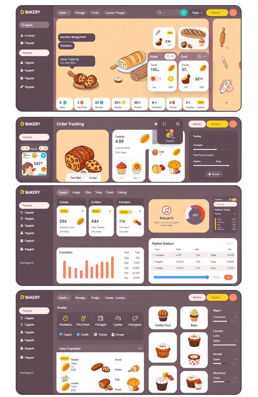 A detailed and modern bakery management system interface, featuring various sections such as inventory management, order tracking, sales analytics, and customer database