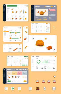 A detailed and modern bakery management system interface, featuring various sections such as inventory management, order tracking, sales analytics, and customer database