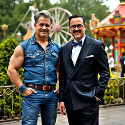 A muscular middle-aged man dressed in full denim, showcasing slightly greying blond hair, stands next to a black-haired middle-aged man elegantly attired in a double-breasted suit and stylish bow tie