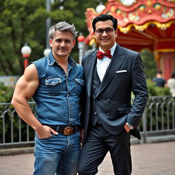 A muscular middle-aged man dressed in full denim, showcasing slightly greying blond hair, stands next to a black-haired middle-aged man elegantly attired in a double-breasted suit and stylish bow tie