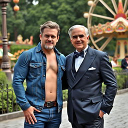 A muscular middle-aged man dressed in full denim, showcasing slightly greying blond hair, stands next to a black-haired middle-aged man elegantly attired in a double-breasted suit and stylish bow tie