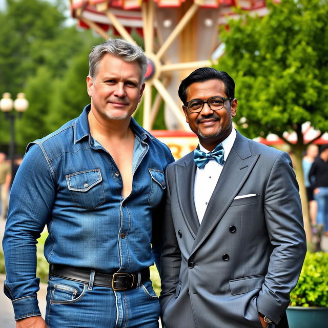 A muscular middle-aged man dressed in full denim, showcasing slightly greying blond hair, stands next to a black-haired middle-aged man elegantly attired in a double-breasted suit and stylish bow tie