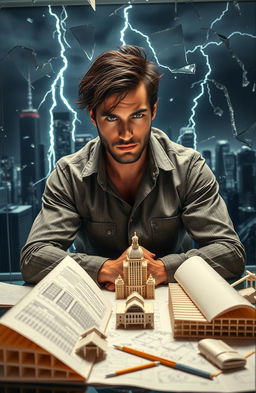 A striking image of a vengeful architect plotting in a sleek, modern office filled with blueprints and architectural models