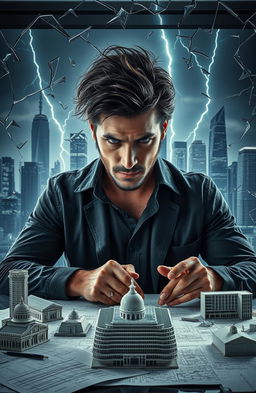 A striking image of a vengeful architect plotting in a sleek, modern office filled with blueprints and architectural models