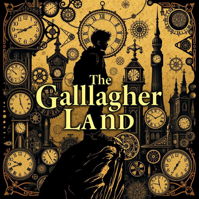 An enchanting book cover for the title "The Gallagher Land" featuring a rich steampunk theme