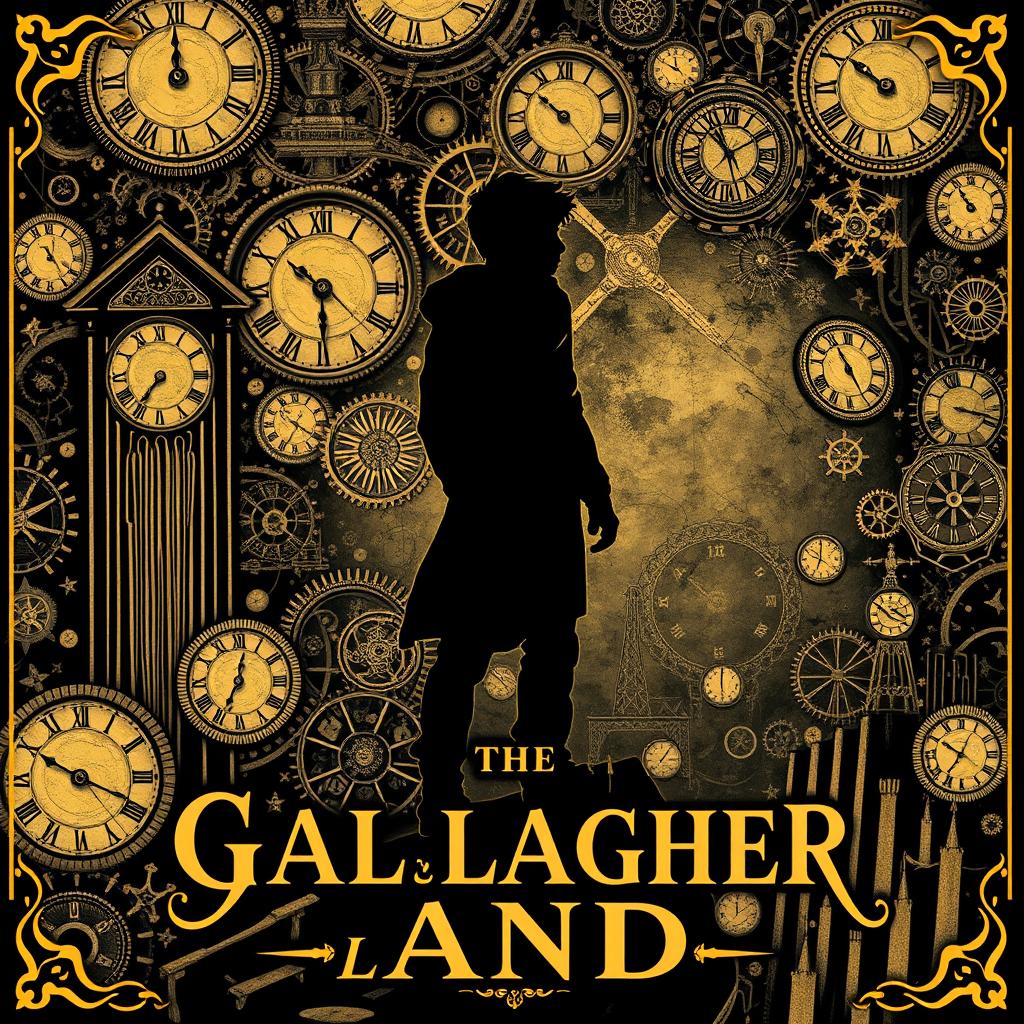 An enchanting book cover for the title "The Gallagher Land" featuring a rich steampunk theme