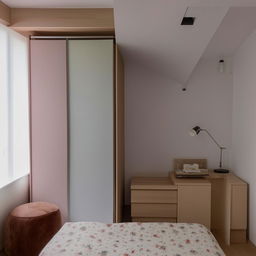 A cozy single bedroom featuring a sliding wardrobe, a single bed, and a foldable study table equipped with a shelf for book storage.