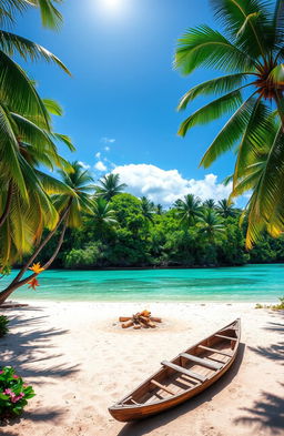 A beautifully serene and secluded tropical island, lush with vibrant green palm trees swaying gently in the breeze
