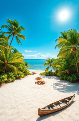 A beautifully serene and secluded tropical island, lush with vibrant green palm trees swaying gently in the breeze