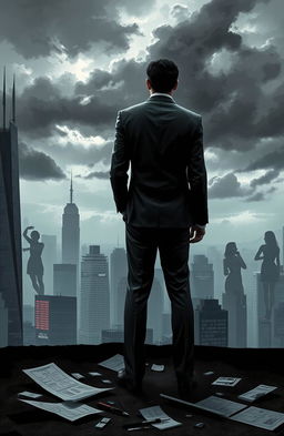 A scene portraying a vengeful architect, with abstract and symbolic elements representing his emotions