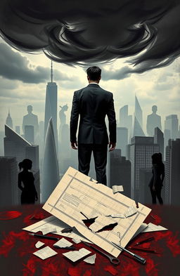 A scene portraying a vengeful architect, with abstract and symbolic elements representing his emotions