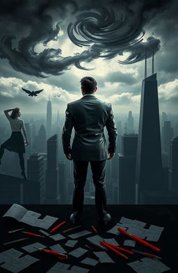 A scene portraying a vengeful architect, with abstract and symbolic elements representing his emotions