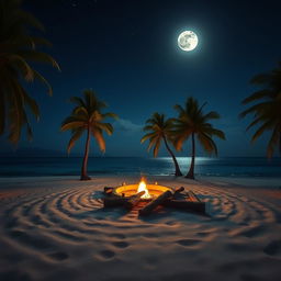 A tranquil tropical island at night, illuminated by the soft glow of a full moon overhead