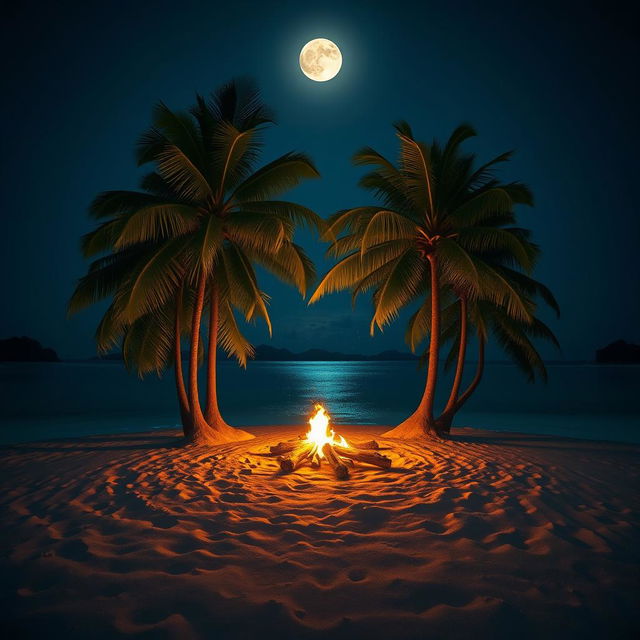 A tranquil tropical island at night, illuminated by the soft glow of a full moon overhead