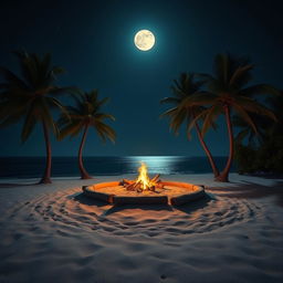 A tranquil tropical island at night, illuminated by the soft glow of a full moon overhead