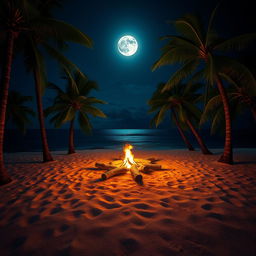 A tranquil tropical island at night, illuminated by the soft glow of a full moon overhead