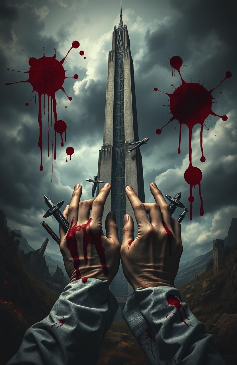 A vengeful architect depicted in a dramatic scene, with a looming tower representing his ambition and anger towards ex-lovers