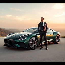 A captivating landscape format image showcasing a luxurious car parked in an upscale setting