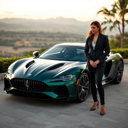 A captivating landscape format image showcasing a luxurious car parked in an upscale setting