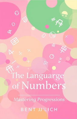 A whimsical and colorful book cover titled 'The Language of Numbers: Mastering Progressions' featuring a vibrant design with shades of pink, green, and mocha