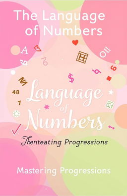 A whimsical and colorful book cover titled 'The Language of Numbers: Mastering Progressions' featuring a vibrant design with shades of pink, green, and mocha