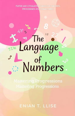 A whimsical and colorful book cover titled 'The Language of Numbers: Mastering Progressions' featuring a vibrant design with shades of pink, green, and mocha