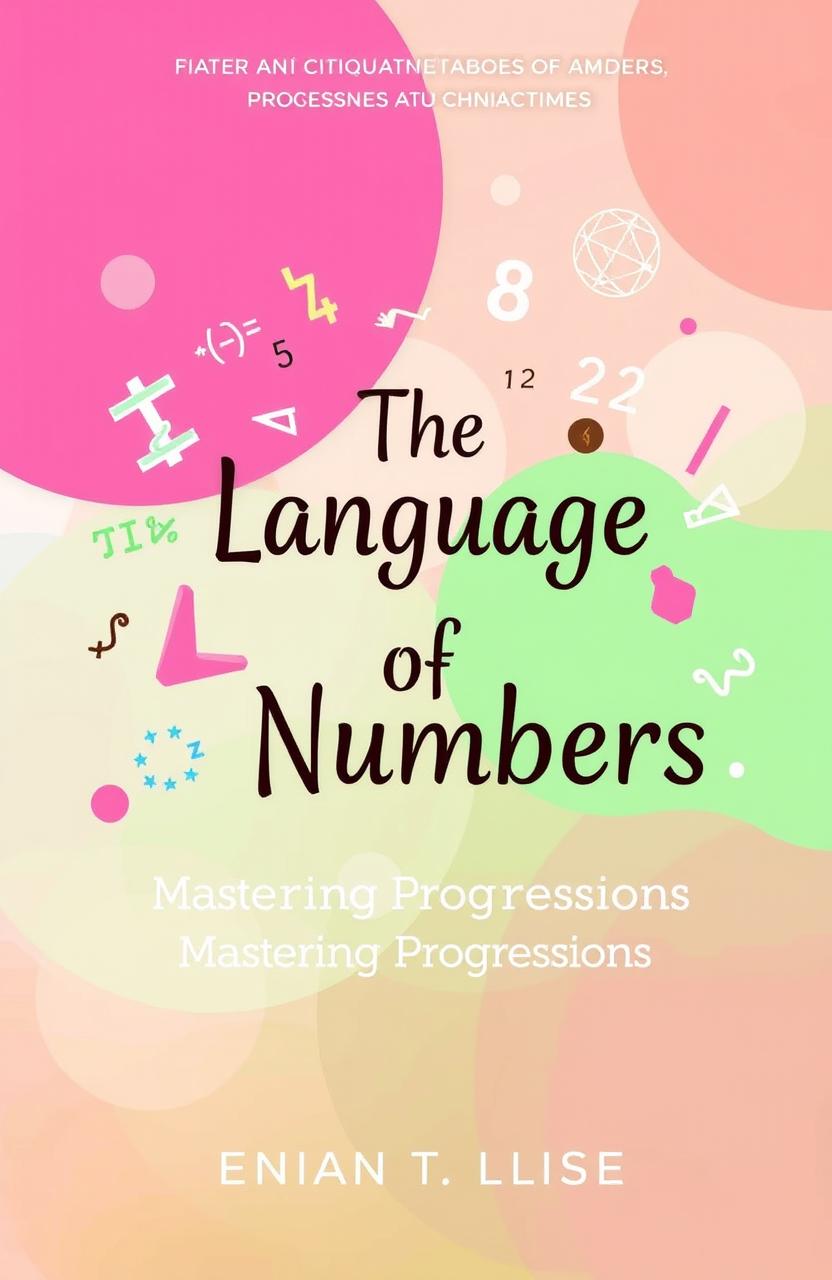 A whimsical and colorful book cover titled 'The Language of Numbers: Mastering Progressions' featuring a vibrant design with shades of pink, green, and mocha