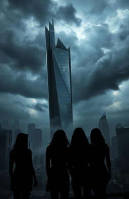 A dramatic scene featuring an imposing tower designed by a vengeful architect, shrouded in ominous dark clouds, surrounded by a chaotic urban landscape