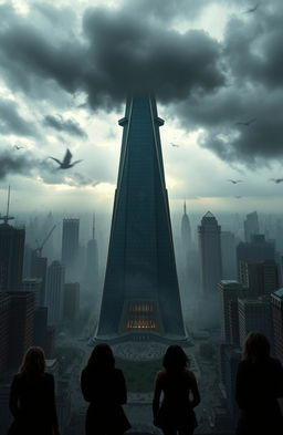 A dramatic scene featuring an imposing tower designed by a vengeful architect, shrouded in ominous dark clouds, surrounded by a chaotic urban landscape
