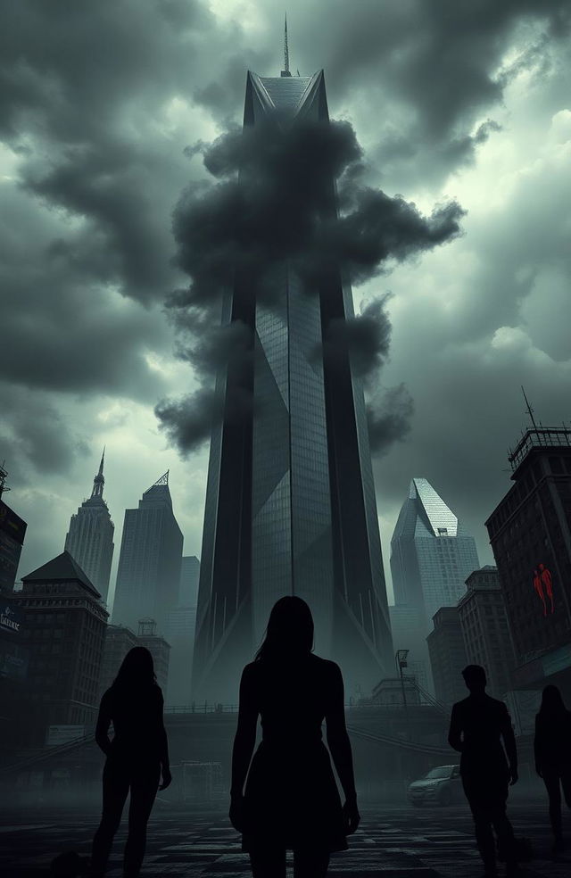 A dramatic scene featuring an imposing tower designed by a vengeful architect, shrouded in ominous dark clouds, surrounded by a chaotic urban landscape