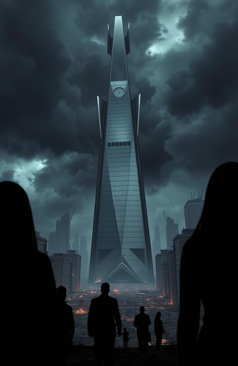 A dramatic scene featuring an imposing tower designed by a vengeful architect, shrouded in ominous dark clouds, surrounded by a chaotic urban landscape