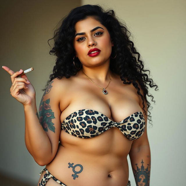 A chubby Israeli woman in her twenties, showcasing her black curly hair, confidently poses wearing a stylish leopard-print bikini