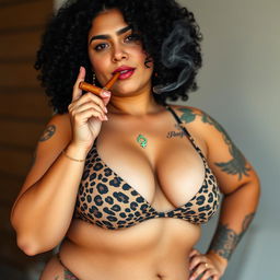 A chubby Israeli woman in her twenties, showcasing her black curly hair, confidently poses wearing a stylish leopard-print bikini