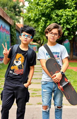 Two boys, both named Switch, standing side by side in a vibrant urban park