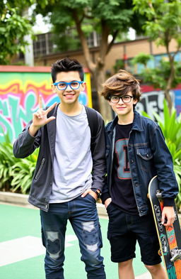 Two boys, both named Switch, standing side by side in a vibrant urban park