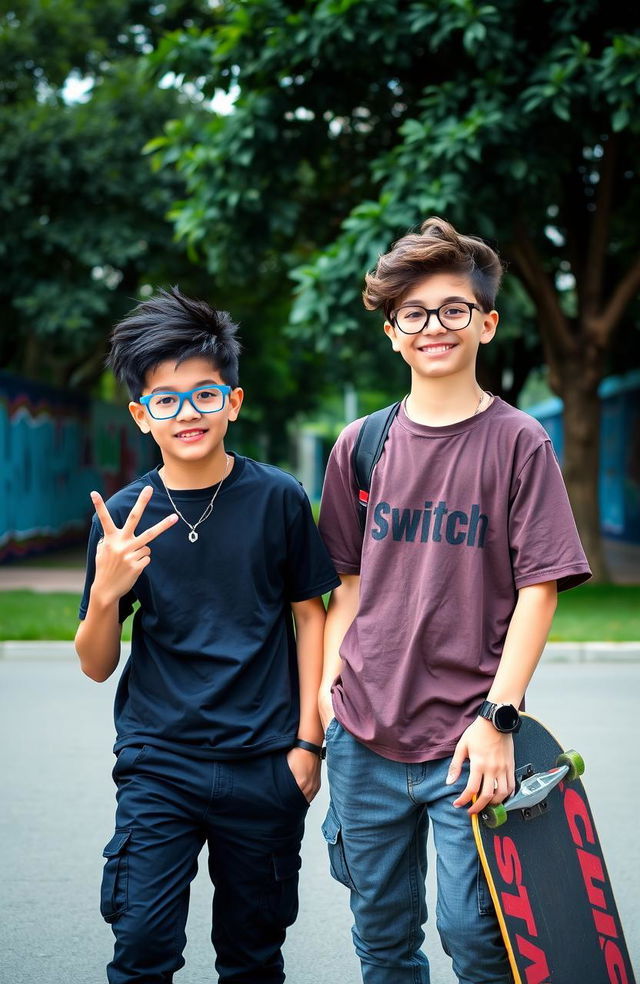 Two boys, both named Switch, standing side by side in a vibrant urban park