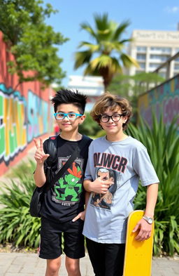 Two boys, both named Switch, standing side by side in a vibrant urban park