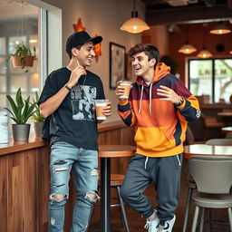 Two boys, both 20 years old, standing in a lively café