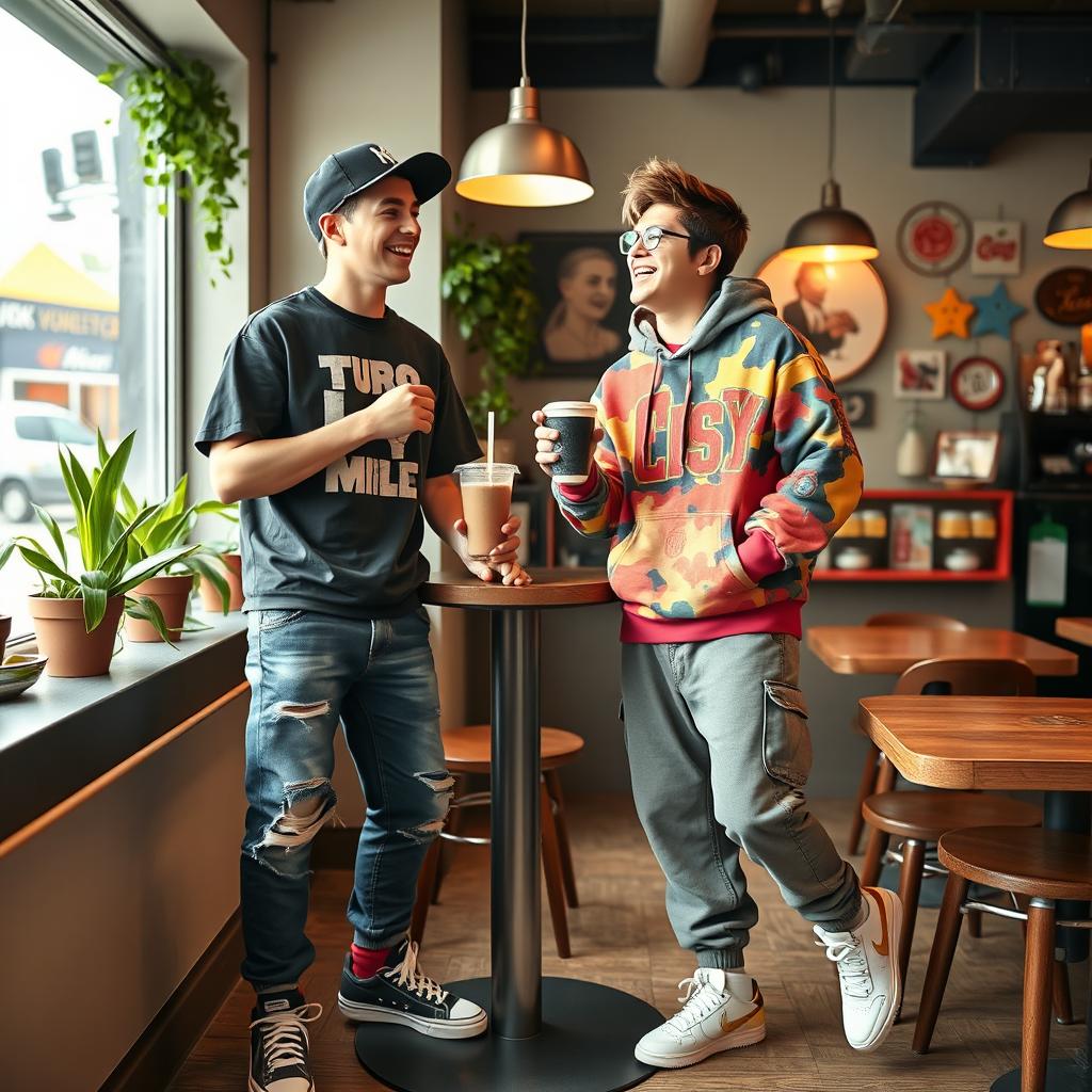 Two boys, both 20 years old, standing in a lively café