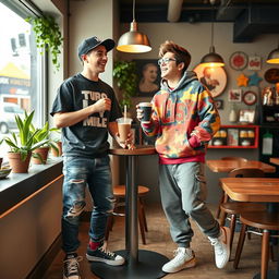 Two boys, both 20 years old, standing in a lively café